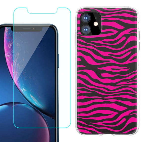 For Apple iPhone 11 Case , Slim-Fit TPU Protective Phone Case with Tempered Glass Screen Protector, by OneToughShield ® - Zebra Pink