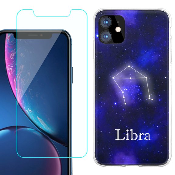 For Apple iPhone 11 Case , Slim-Fit TPU Protective Phone Case with Tempered Glass Screen Protector, by OneToughShield - Zodiac / Libra