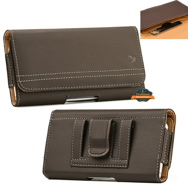 for Apple iPhone 11 Horizontal Universal Carry Pouch Cell Phone Case PU Leather Holster Belt Clip Loop Card Slot Magnetic Closure Brown