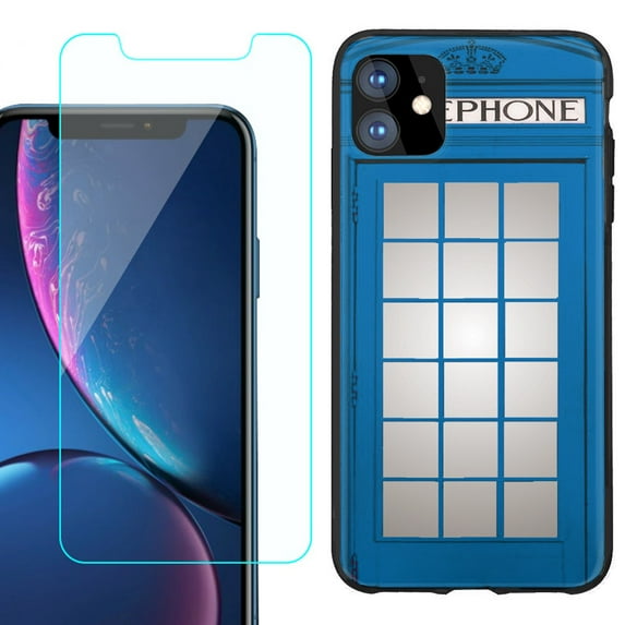 For Apple iPhone 11 Phone Case , Slim-Fit TPU Protective Case (Black), with Tempered Glass Screen Protector, by OneToughShield ® - Phone Booth Blue