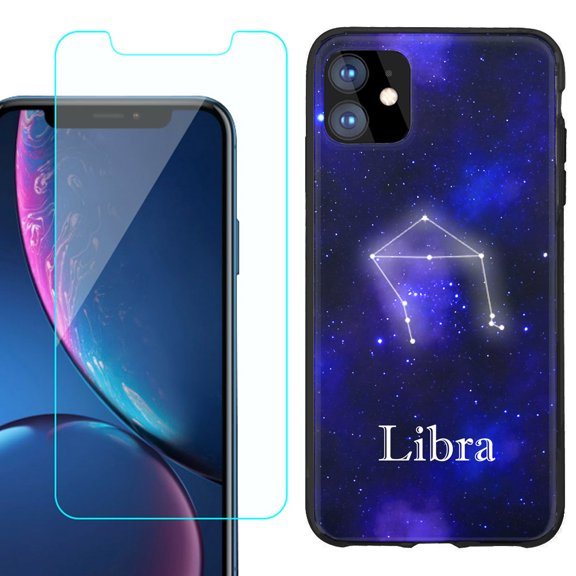 For Apple iPhone 11 Phone Case , Slim-Fit TPU Protective Case (Black), with Tempered Glass Screen Protector, by OneToughShield - Zodiac / Libra