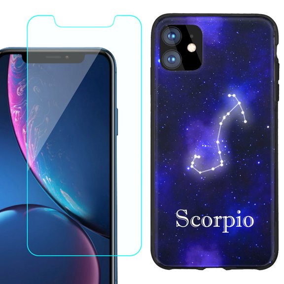 For Apple iPhone 11 Phone Case , Slim-Fit TPU Protective Case (Black), with Tempered Glass Screen Protector, by OneToughShield  - Zodiac / Scorpio