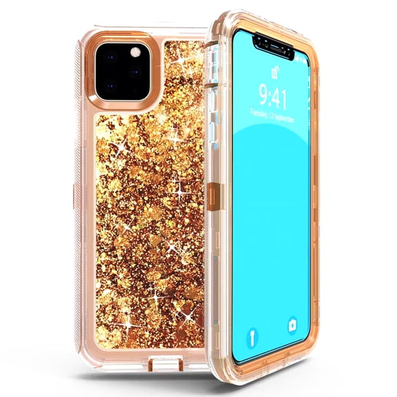 For Apple iPhone 11 Pro 5.8 Inch Tough Defender Sparkling Liquid Glitter Heart Case Cover Rose Gold