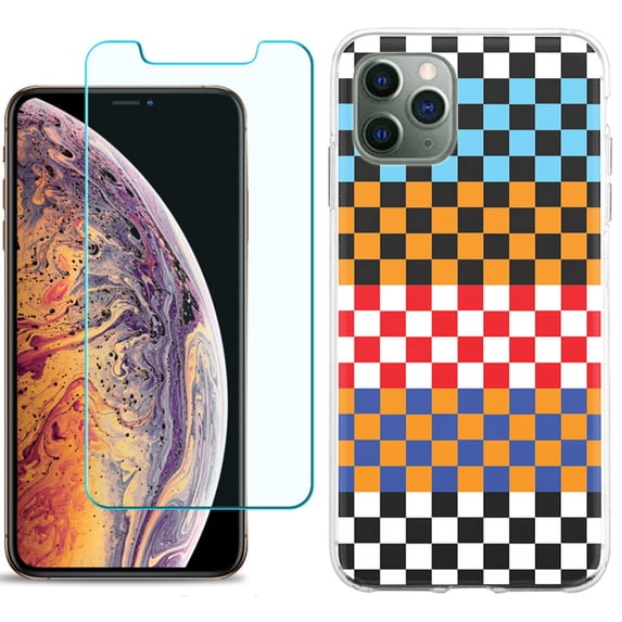 For Apple iPhone 11 Pro Case , Slim-Fit TPU Protective Phone Case with Tempered Glass Screen Protector, by OneToughShield ® - Colorful Checker