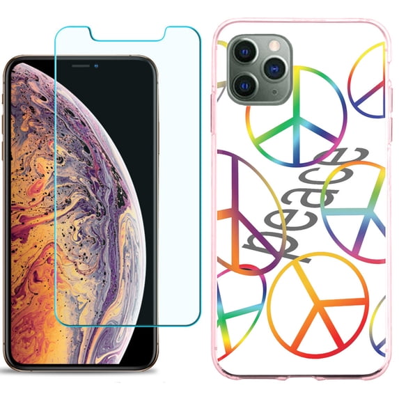 For Apple iPhone 11 Pro Case , Slim-Fit TPU Protective Phone Case with Tempered Glass Screen Protector, by OneToughShield ® - Colorful Peace