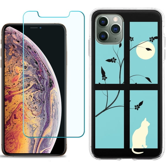 For Apple iPhone 11 Pro Case , Slim-Fit TPU Protective Phone Case with Tempered Glass Screen Protector, by OneToughShield ® - Moon/Cat