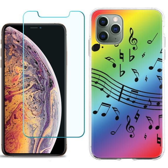 For Apple iPhone 11 Pro Case , Slim-Fit TPU Protective Phone Case with Tempered Glass Screen Protector, by OneToughShield ® - Music Notes / Rainbow