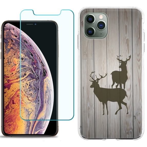 For Apple iPhone 11 Pro Case , Slim-Fit TPU Protective Phone Case with Tempered Glass Screen Protector, by OneToughShield ® - Wood/Deer