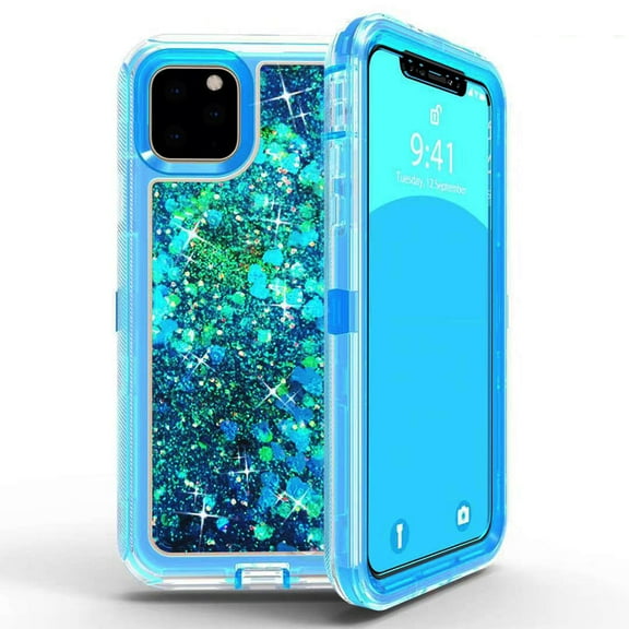 For Apple iPhone 11 Pro Max 6.5 Inch Tough Defender Sparkling Liquid Glitter Heart Case Cover Blue