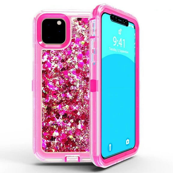 For Apple iPhone 11 Pro Max 6.5 Inch Tough Defender Sparkling Liquid Glitter Heart Case Cover Hot Pink
