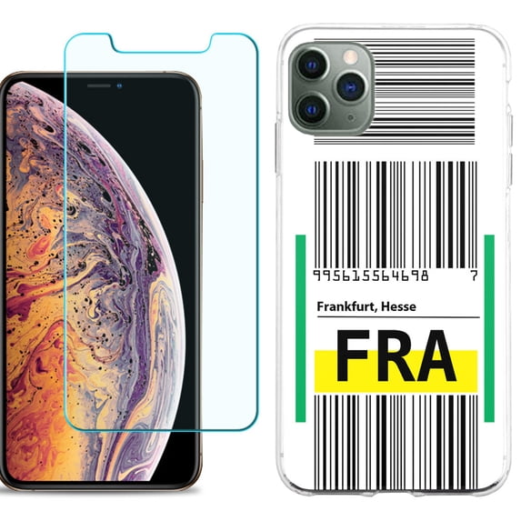 For Apple iPhone 11 Pro Max Phone Case , Slim-Fit TPU Case with Tempered Glass Screen Protector, by OneToughShield ® - Airport Tag / Frankfurt