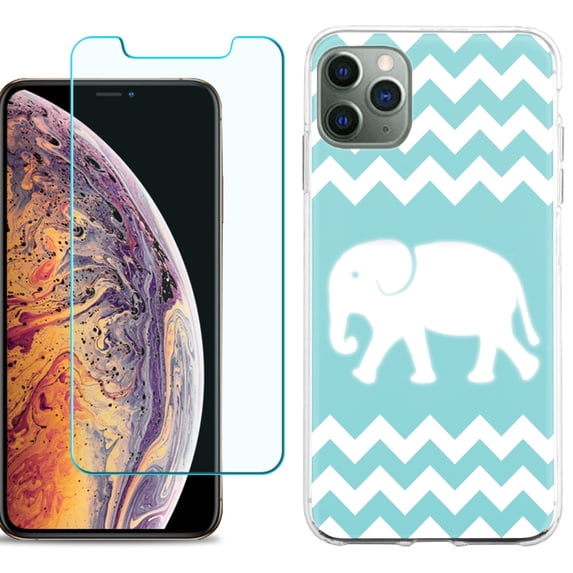 For Apple iPhone 11 Pro Max Phone Case , Slim-Fit TPU Case with Tempered Glass Screen Protector, by OneToughShield ® - Chevron/Teal/Elephant