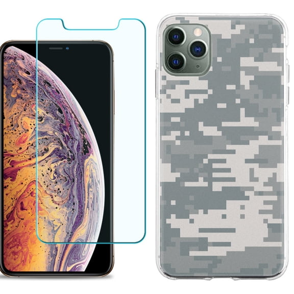 For Apple iPhone 11 Pro Max Phone Case , Slim-Fit TPU Case with Tempered Glass Screen Protector, by OneToughShield ® - Digital Camo