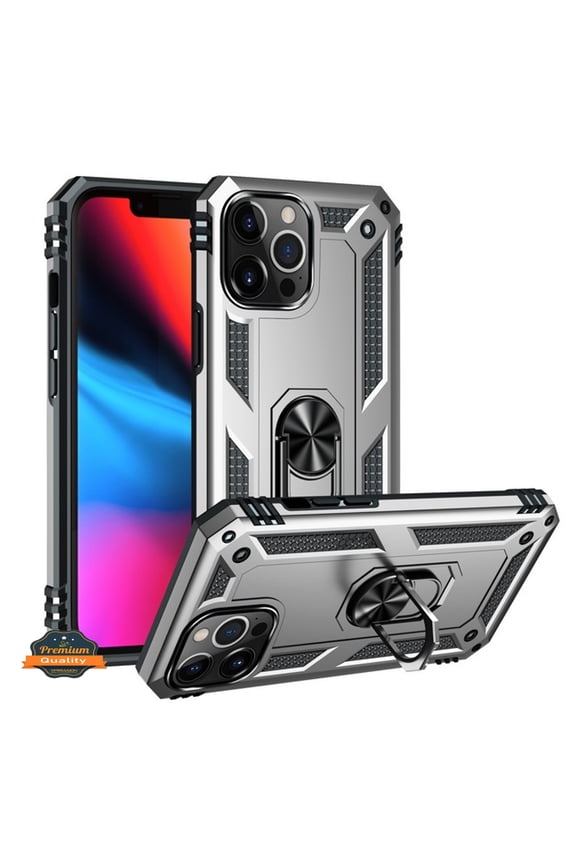 For Apple iPhone 11 Pro Max Shockproof Hybrid Dual Layer PC + TPU with Ring Stand Metal Kickstand Heavy Duty Armor Shell Phone Case Cover by Xpression [Silver]