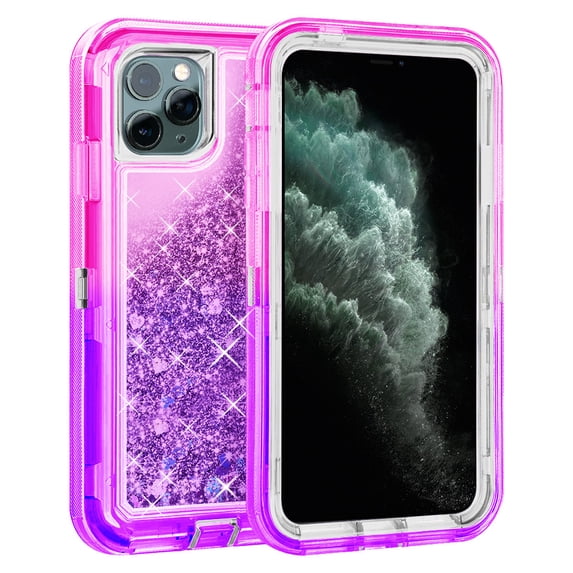 For Apple iPhone 11 Pro Tough Defender Sparkling Liquid Glitter Heart Case Cover Pink/Purple