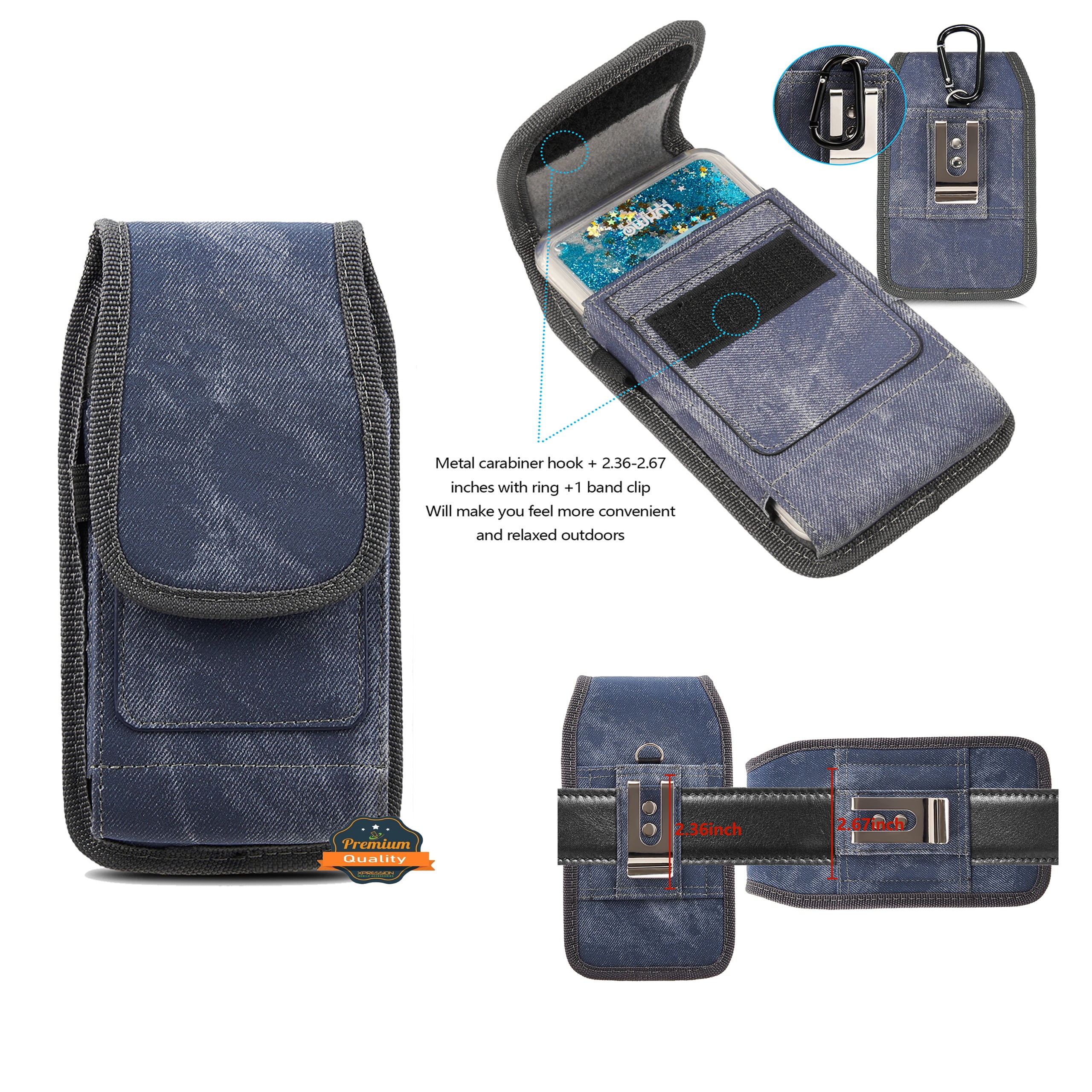 For Apple iPhone 11 Universal Vertical Fabric Case Holster with 2 Card  Slots, Pen Holder, Belt Clip Loop & Hook Carrying Phone Pouch - Denim Blue