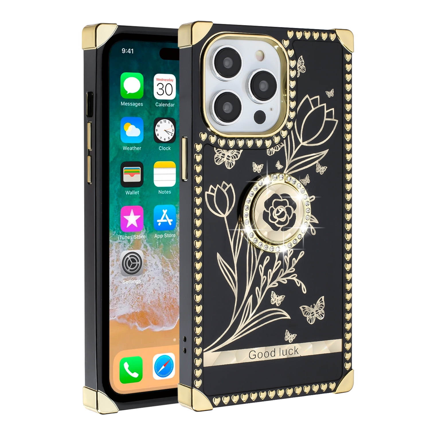 Xpression Mobile for Apple iPhone 12 /12 Pro (6.1 inch) Black Gold Fashion Square Hearts Design Diamonds Bling Sparkly with Ring Stand Cover ,Xpm Phone Case [ Love You