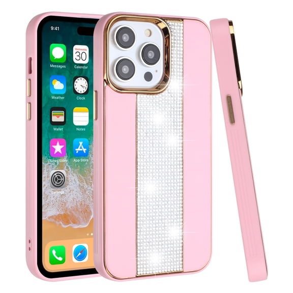 For Apple iPhone 12 / 12 Pro Fashion Leather Bling Diamonds Rhinestone Sparkle Hybrid Chrome Camera Edge Shockproof Cover ,Xpm Phone Case [ Pink ]
