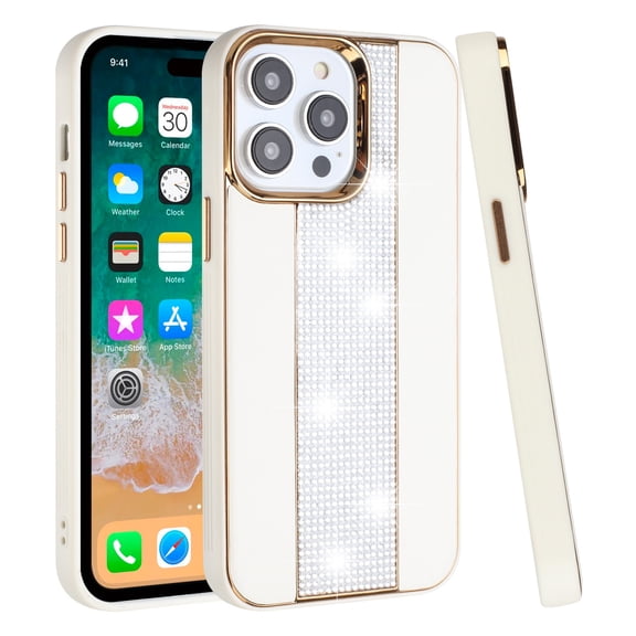 For Apple iPhone 12 / 12 Pro Fashion Leather Bling Diamonds Rhinestone Sparkle Hybrid Chrome Camera Edge Shockproof Cover ,Xpm Phone Case [ White ]