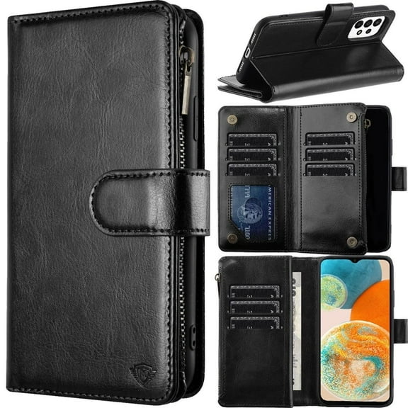 For Apple iPhone 12 /12 Pro Premium Leather Zipper Wallet Credit Card Slots Money Pocket Clutch Pouch Stand & Strap Cover ,Xpm Phone Case [ Black ]