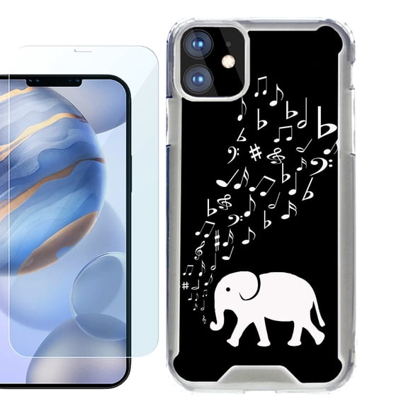 For Apple iPhone 12 Case, iPhone 12 Pro Case, Hybrid Bumper Phone case, with Tempered Glass Screen Protector, by OneToughShield ® - Elephant Music