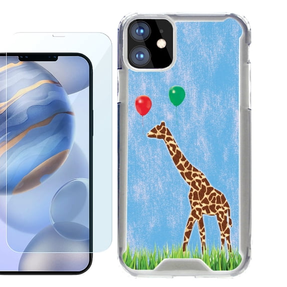 For Apple iPhone 12 Case, iPhone 12 Pro Case, Hybrid Bumper Phone case, with Tempered Glass Screen Protector, by OneToughShield ® - Giraffe/Balloon