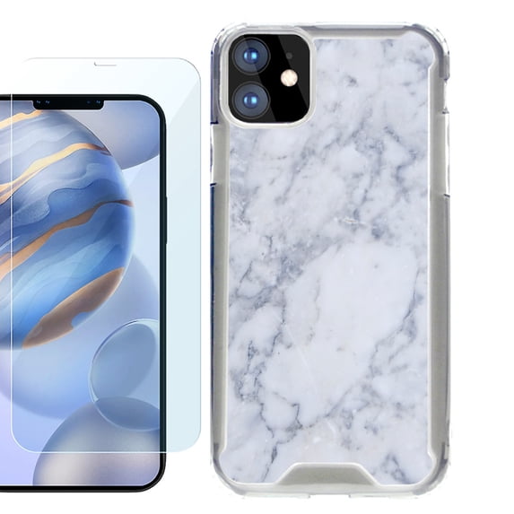 For Apple iPhone 12 Case, iPhone 12 Pro Case, Hybrid Bumper Phone case, with Tempered Glass Screen Protector, by OneToughShield ® - Marble / Clouds
