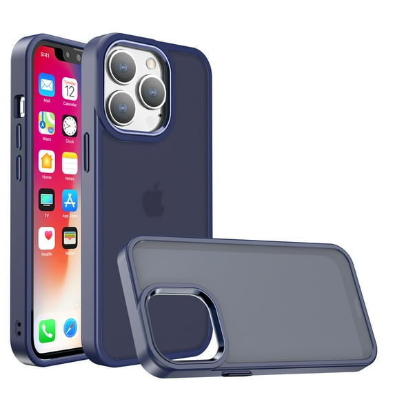 For Apple iPhone 12 Pro Max 6.7 Polished Oil Thick Acrylic Metal Button Hybrid Case Cover - Dark Blue