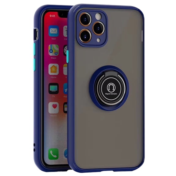 For Apple iPhone 12 Pro Max 6.7 inch Impact Metal Ring Holder Stand Magnetic Car Mount Protective Hybrid Case Cover Blue
