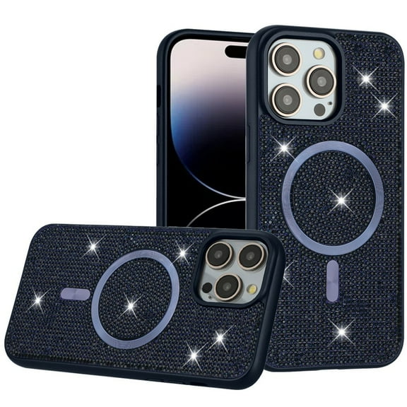 For Apple iPhone 12 Pro Max Diamond Sparkly Bling Design Rhinestone Hybrid Skin with Magnetic Circle MagSafe Compatible Cover ,Xpm Phone Case [ Blue ]
