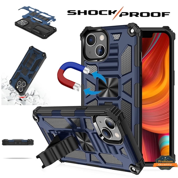 For Apple iPhone 13 (6.1") Built in Magnetic Kickstand, Military Hybrid Bumper Heavy Duty Dual Layers Rugged Protective Phone Case Cover by Xpression [Blue]