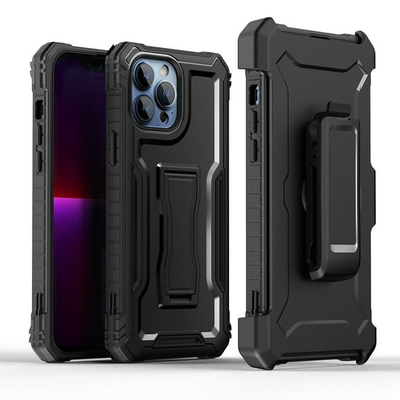 For Apple iPhone 13 (6.1") Combo Shell 3in1 & Holster with Kickstand, Swivel Belt Clip Armor Rugged Military Grade Drop Protection Cover ,Xpm Phone Case [ Black ]