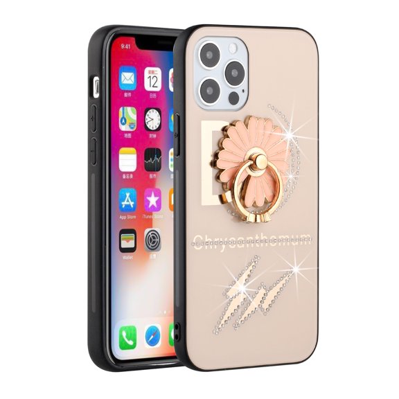 For Apple iPhone 13 (6.1") Diamond Bling Sparkly Glitter Ornaments Engraving Hybrid Armor with Ring Stand Holder Fashion Cover ,Xpm Phone Case [Gold Flower Ring]