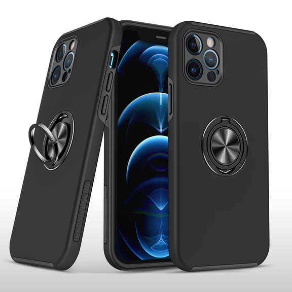 For Apple iPhone 13 (6.1") Hybrid 360 Degree Rotatable Metal Invisible Ring Stand Holder Fit Magnetic Car Mount Shockproof Slim Cover ,Xpm Phone Case [Black]