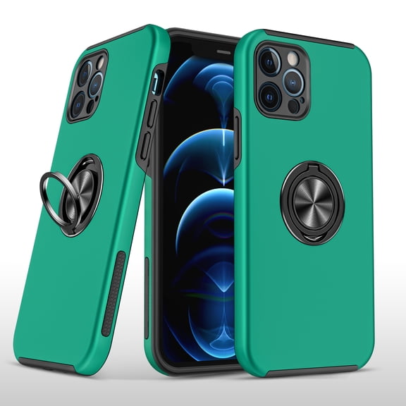 For Apple iPhone 13 (6.1") Hybrid 360 Degree Rotatable Metal Invisible Ring Stand Holder Fit Magnetic Car Mount Shockproof Slim Cover ,Xpm Phone Case [Green]