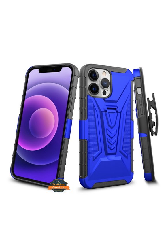 For Apple iPhone 13 (6.1") Hybrid Armor Kickstand with Swivel Belt Clip Holster Heavy Duty 3 in 1 Defender Shockproof Rugged Phone Case Cover by Xpression [Blue]