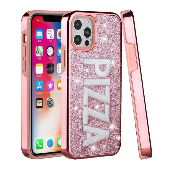 For Apple iPhone 13 (6.1") Luxury Bling Glitter Shiny Chrome with Embroidery Hybrid Hard PC Frame Pink Cover ,Xpm Phone Case [ PIZZA ]