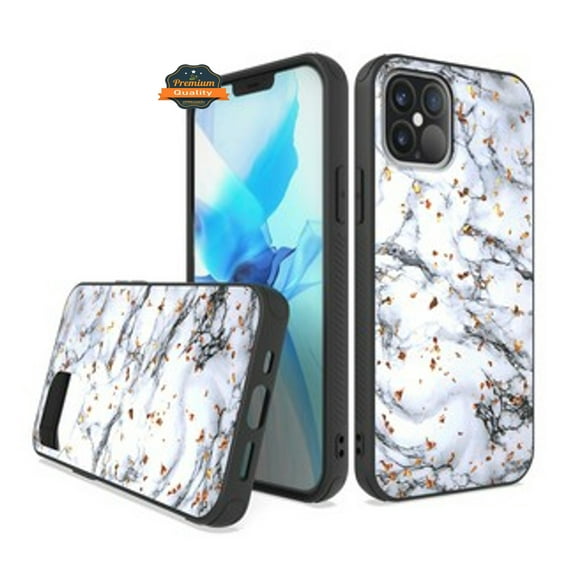 For Apple iPhone 13 (6.1") Stylish Designed Glitter Bling Hybrid Slim PC TPU Rubber Silicone Shock-Absorption Hard Phone Case Cover by Xpression [White Marble]