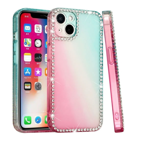 For Apple iPhone 13 (6.1") Two Tone Gradient All Around Diamond Rhinestone Hybrid TPU Shiny Bling Frame Cover ,Xpm Phone Case [ Pink ]