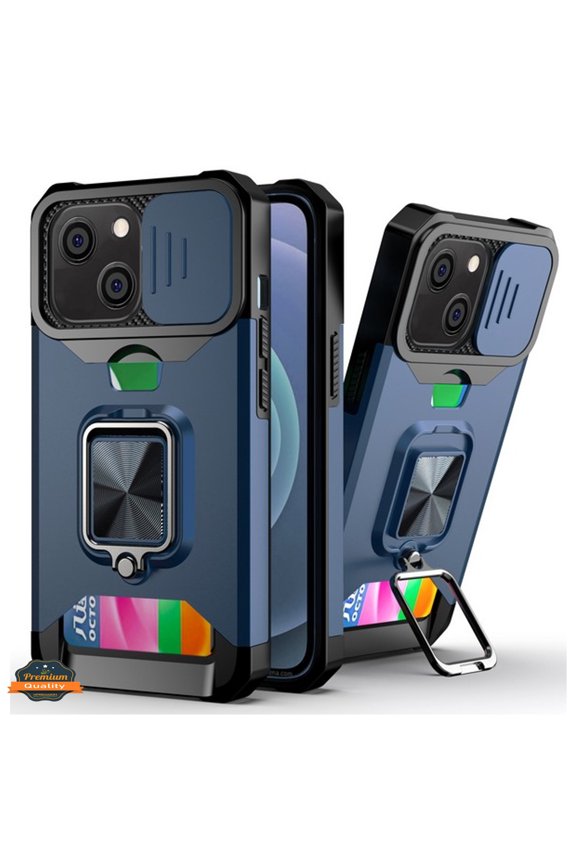 For Apple iPhone 13 (6.1") Wallet Case Designed with Slide Camera Protection, Card Slot & Ring Kickstand Magnetic Car Mount Phone Case Cover by Xpression [Blue]