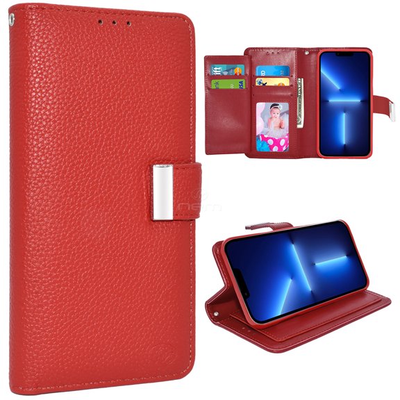 For Apple iPhone 13 6.1 inch Double Flap Folio Leather Wallet Pouch Case Cover Red