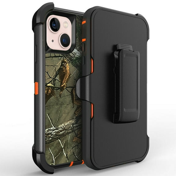 For Apple iPhone 13 6.1 inch Heavy Duty Defender Armor Hybrid Case Cover With Clip Camouflage/Orange