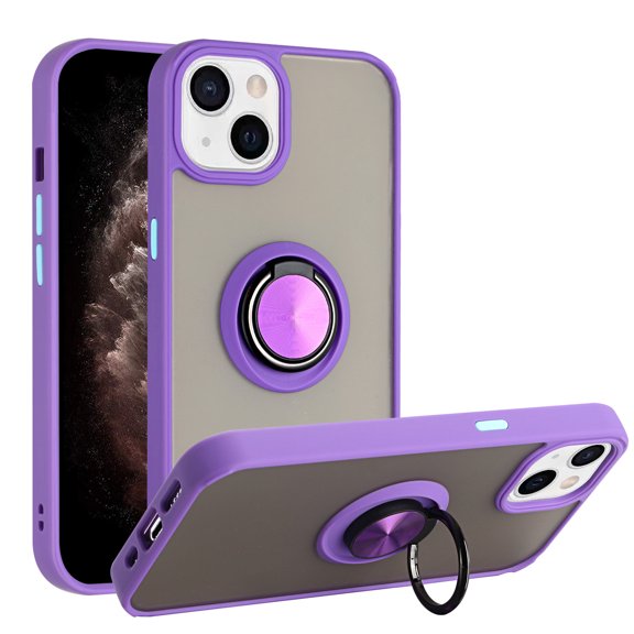 For Apple iPhone 13 6.1 inch Impact Metal Ring Holder Stand Magnetic Car Mount Protective Hybrid Case Cover Purple