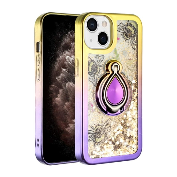 For Apple iPhone 13 6.1 inch Sparkling Glitter Liquid Floating Hearts Stars Magnetic Ring Stand Case Cover Gold/Purple
