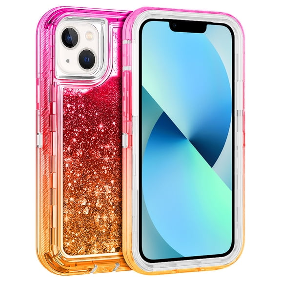 For Apple iPhone 13 6.1 inch Tough Defender Sparkling Liquid Glitter Heart Case Cover Pink/Gold