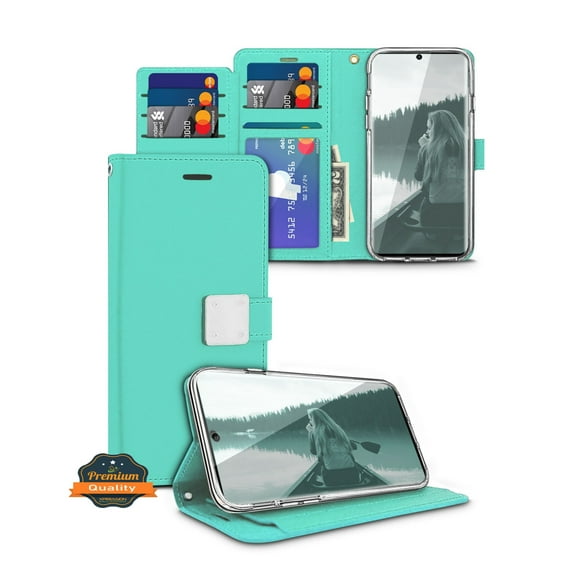 For Apple iPhone 13 (6.1") luxurious PU leather Wallet 6 Card Slots with Wrist Strap & Kickstand Pouch Flip Shockproof Phone Case Cover by Xpression [Teal Mint]