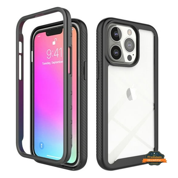 For Apple iPhone 13 Mini (5.4") Full Body Armor Slim Hybrid Double Layer Hard TPU Transparent Back Rugged Shockproof Phone Case Cover by Xpression [Clear /Black]