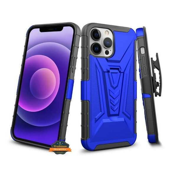 For Apple iPhone 13 Mini (5.4") Hybrid Armor Kickstand with Swivel Belt Clip Holster Heavy Duty 3 in 1 Shockproof Rugged Phone Case Cover by Xpression [Blue]