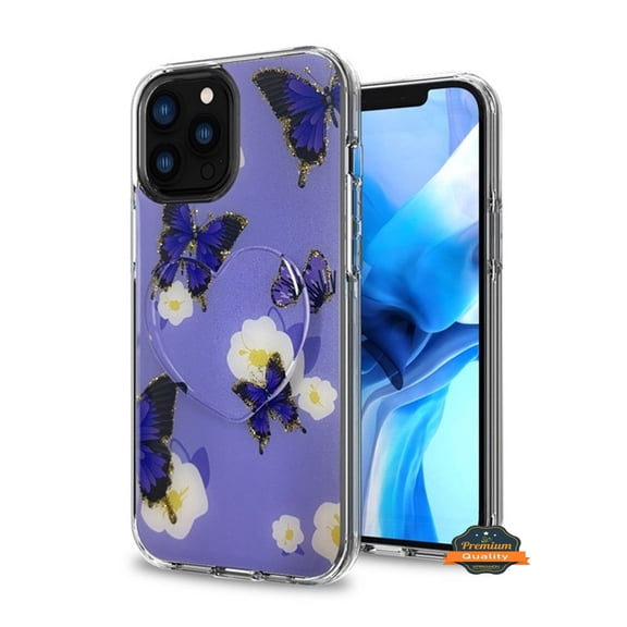 For Apple iPhone 13 Mini (5.4") Pattern Design Bling Glitter Hybrid Ring Stand Pop Up Finger Holder Kickstand Phone Case Cover by Xpression [Purple Butterfly]