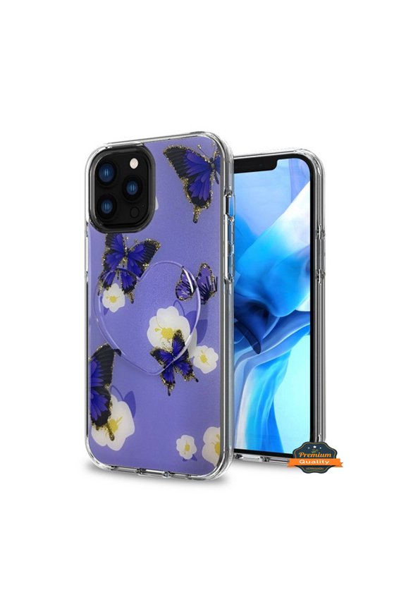 For Apple iPhone 13 Mini (5.4") Pattern Design Bling Glitter Hybrid Ring Stand Pop Up Finger Holder Kickstand Phone Case Cover by Xpression [Purple Butterfly]